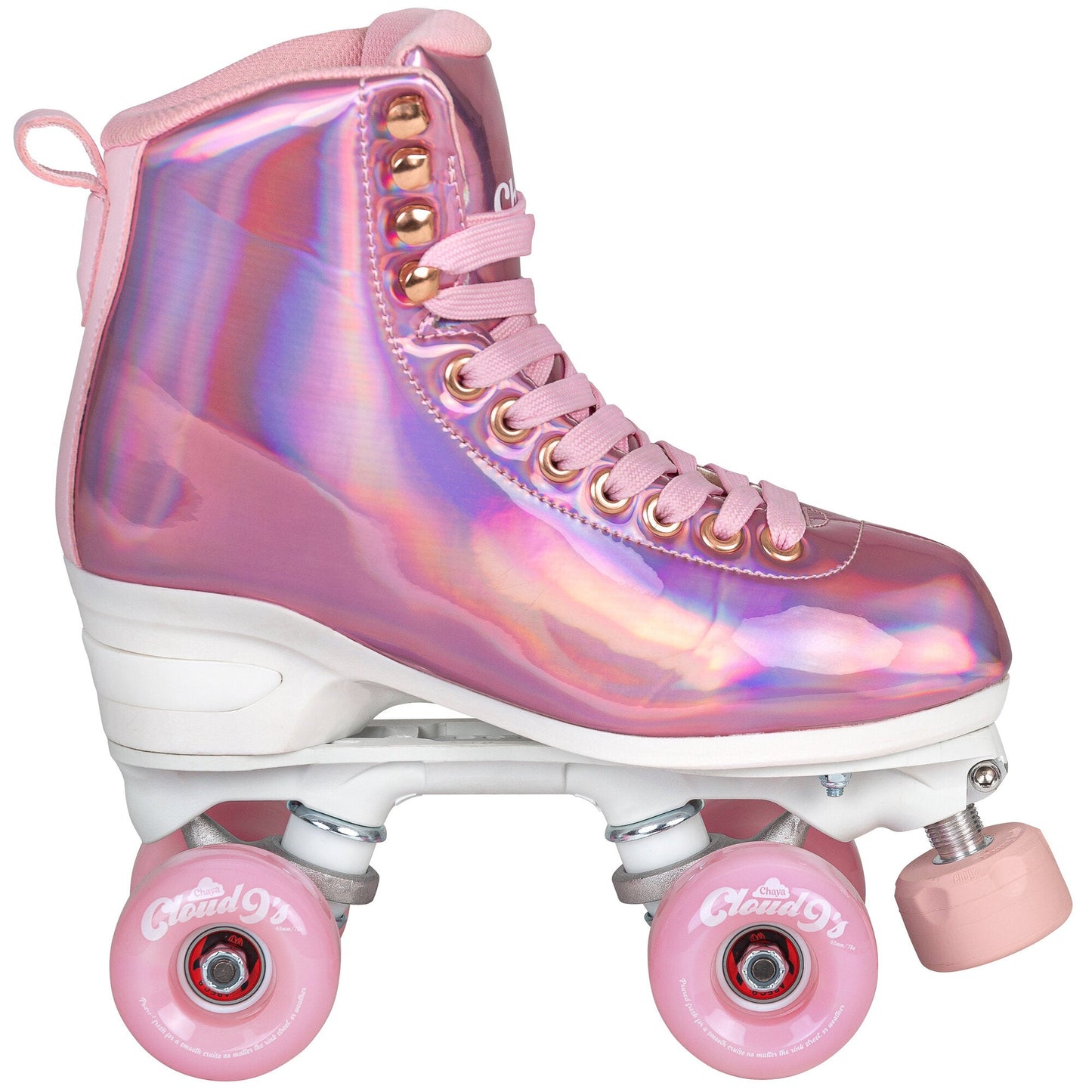 The Chaya Melrose Elite Space Holographic quad skate in profile, revealing its elegant contours and wheels that catch the light with every angle.