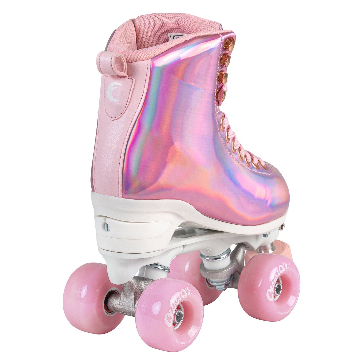 From the rear, Chaya Melrose Elite Space Holographic skates display their classic lines, infused with a vibrant, otherworldly shimmer.
