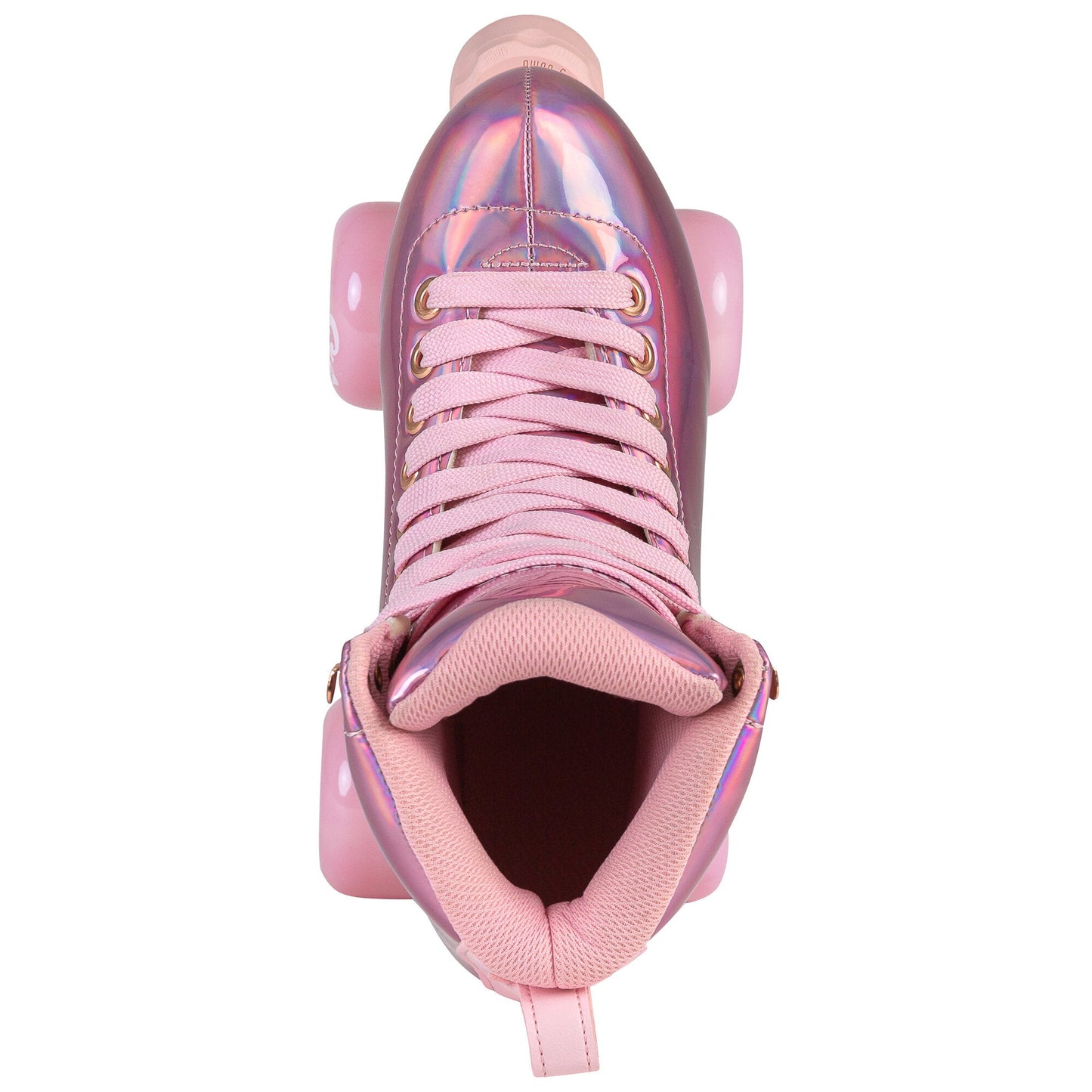 An overhead shot of a Chaya Melrose Elite Space Holographic skate, capturing the lacing and the boot's dazzling, multi-tonal upper.