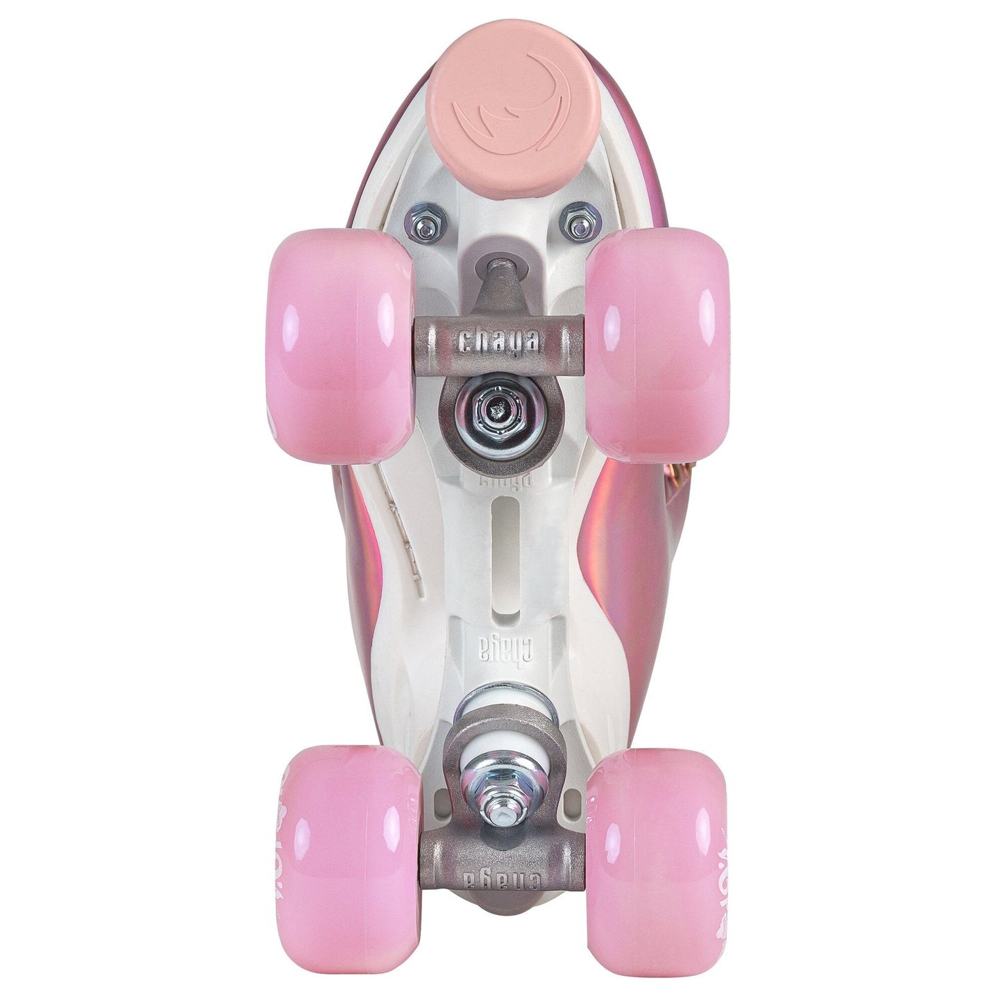 underside of a Chaya Melrose Elite Space Holographic skate, detailing its robust plate, trucks, and the toe stop's subtle gleam.