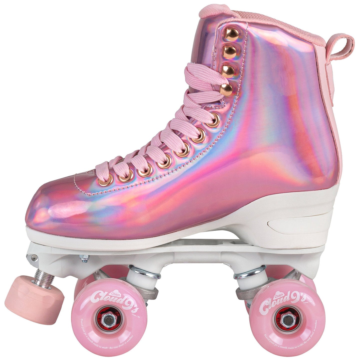 A Chaya Melrose Elite Space Holographic quad skate, viewed from its side, prominently showcasing its iridescent boot and the complete wheel assembly.
