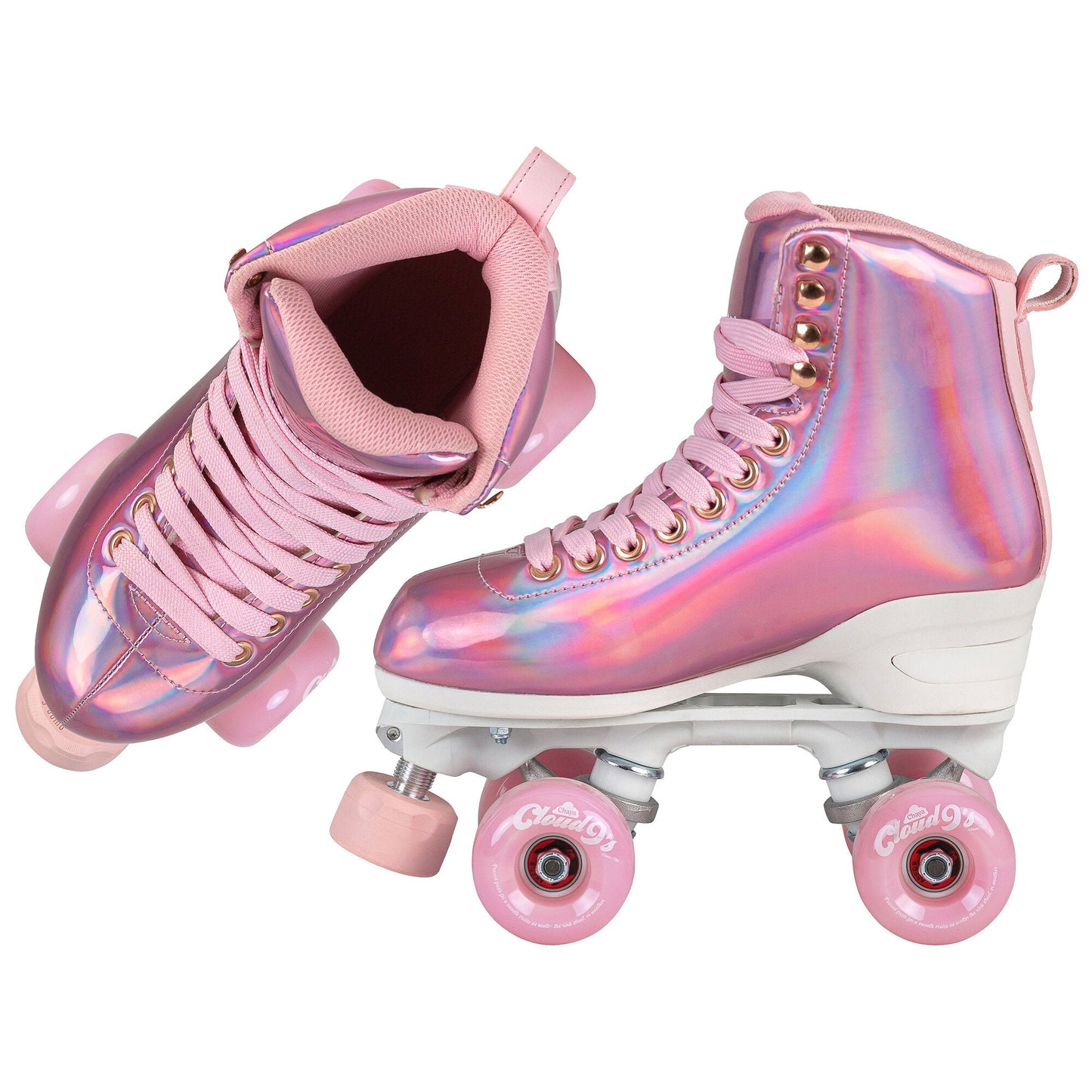 Two Chaya Melrose Elite Space Holographic skates, artfully positioned to highlight their comprehensive and enchanting design.