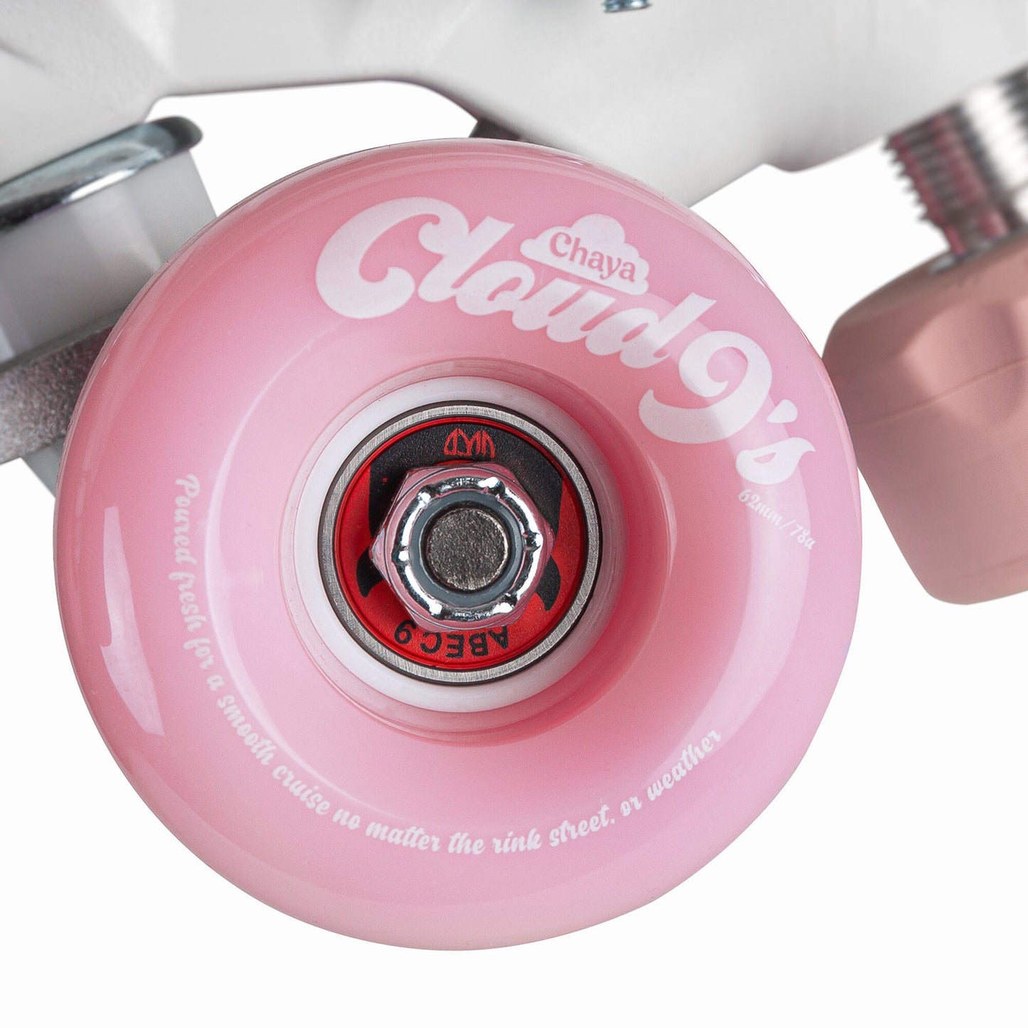 One of the wheels from the Chaya Melrose Elite Space Holographic skate, highlighting its complementary color and the promise of a smooth, luminous roll.