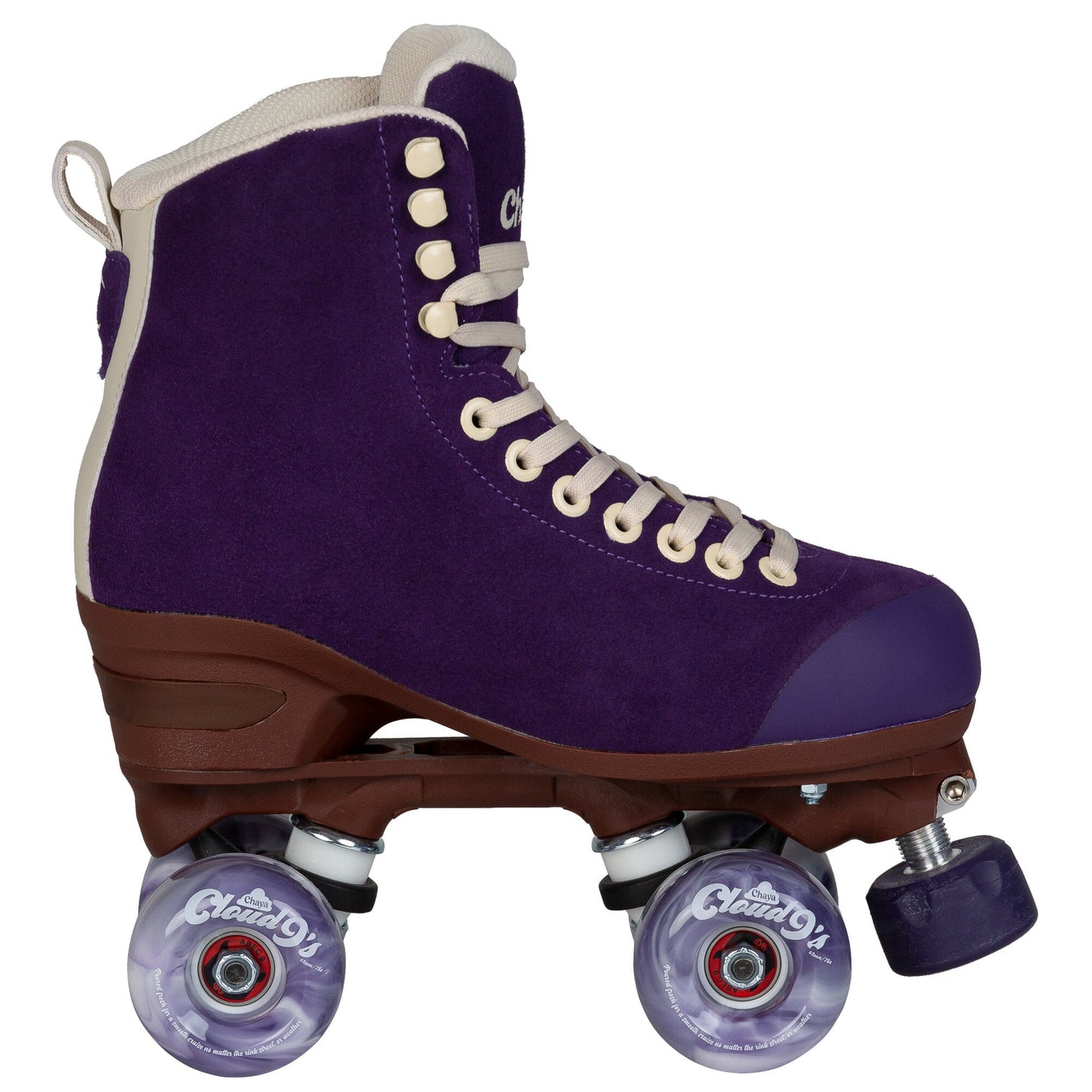 The Chaya Melrose Elite Purple Evil quad skate in profile, revealing its elegant silhouette and captivating wheels.