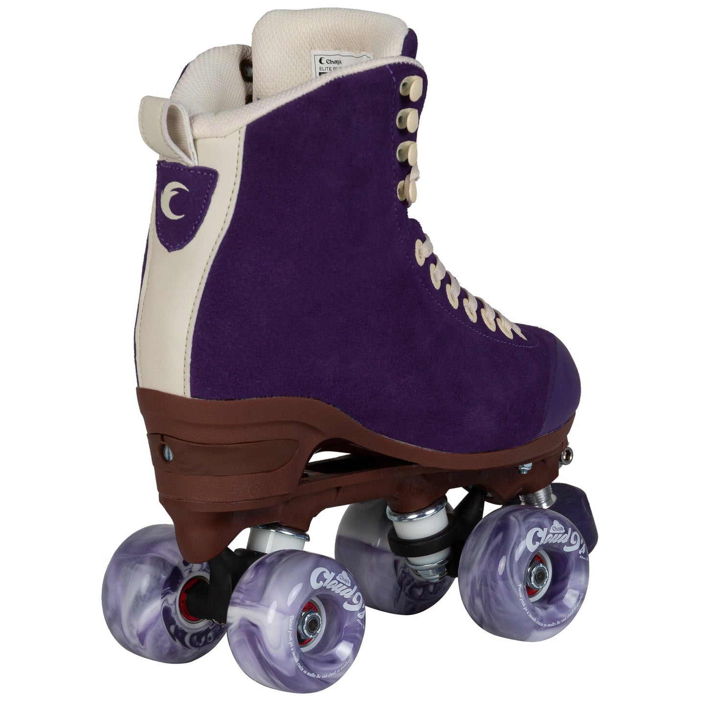 From the rear, Chaya Melrose Elite Purple Evil skates display their classic lines and the boot's mysterious deep purple.