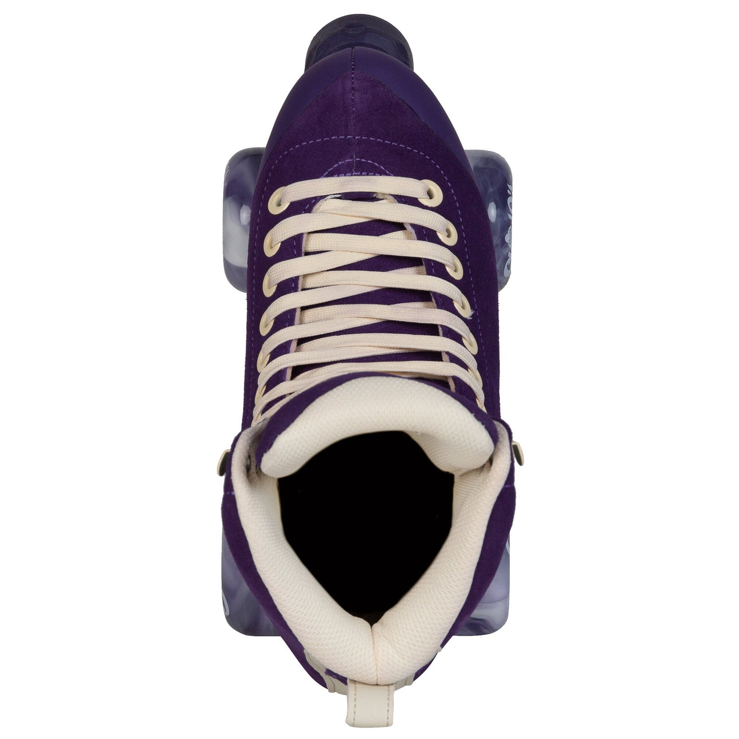 An overhead shot of a Chaya Melrose Elite Purple Evil skate, capturing the lacing and the boot's rich, shadowed upper surface.