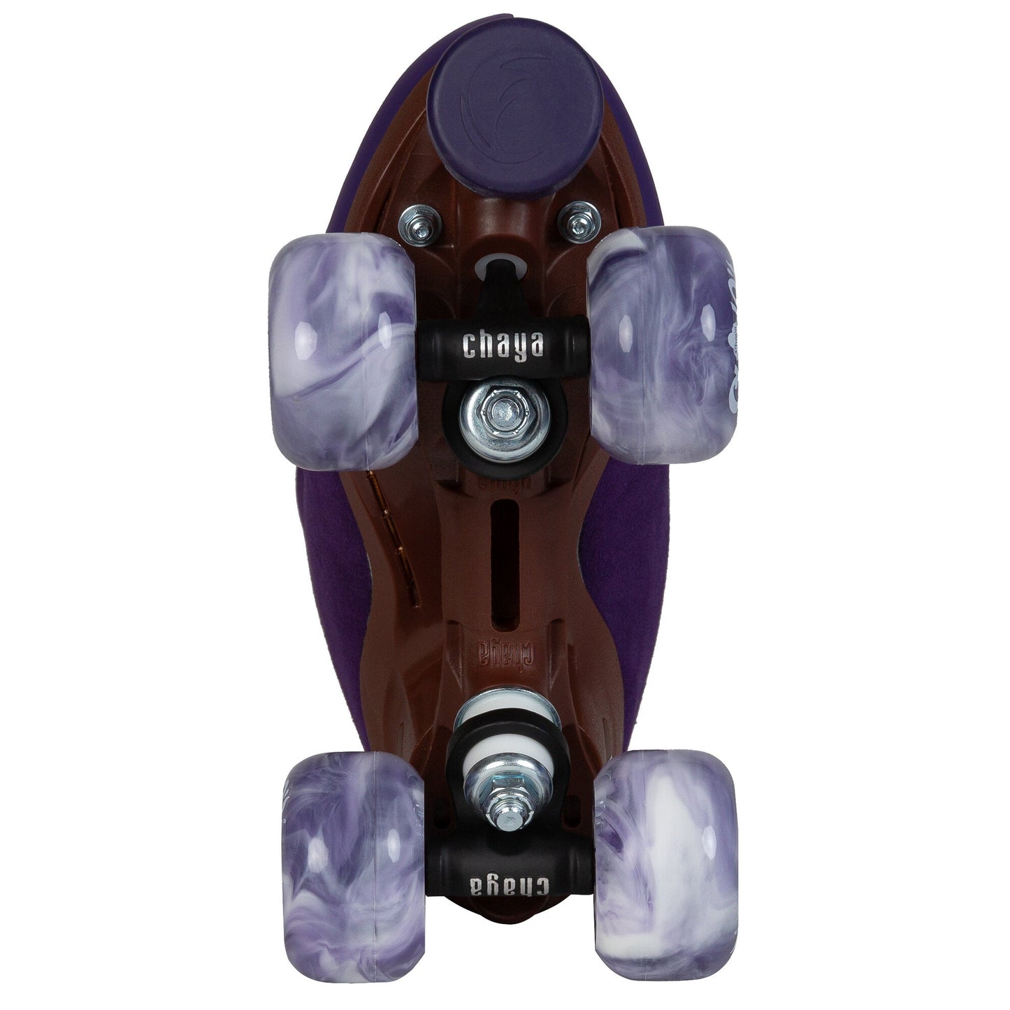 Underside of a Chaya Melrose Elite Purple Evil skate, detailing its robust plate, trucks, and dark toe stop.