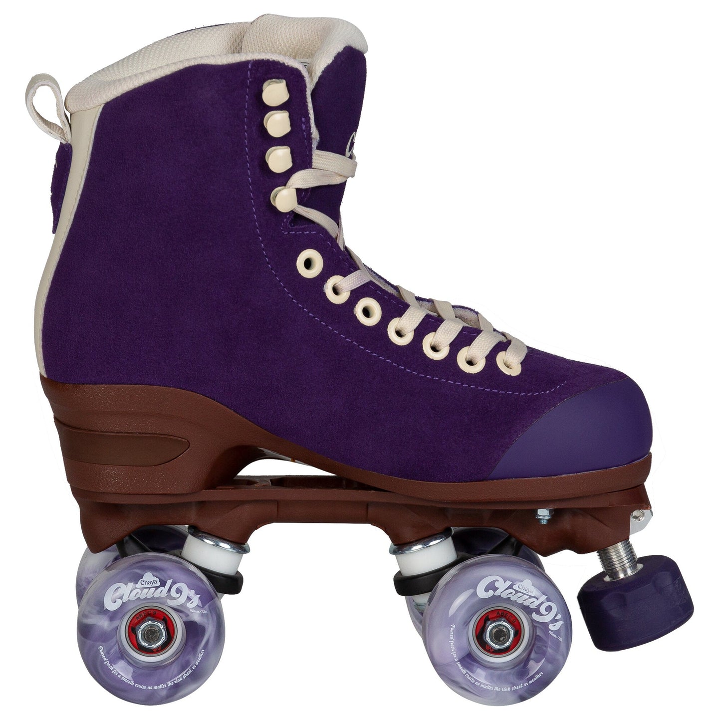 The Chaya Melrose Elite Purple Evil quad skate, viewed from its side, prominently showcasing its deep purple boot and the full wheel and plate assembly.
