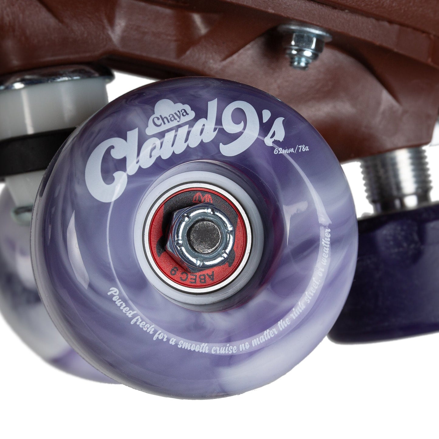One of the wheels from the Chaya Melrose Elite Purple Evil skate, highlighting its color and unique design