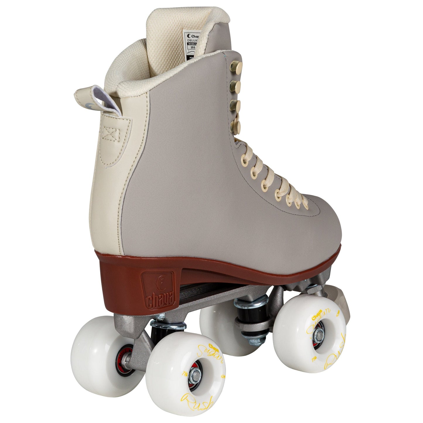 Rear view of Chaya Melrose Deluxe Latte skates, displaying the boot's classic lines and heel