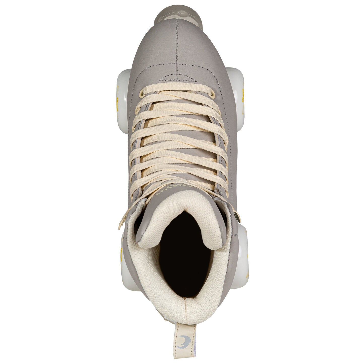 Overhead perspective of a Chaya Melrose Deluxe Latte skate, capturing the lacing and the boot's smooth top surface.