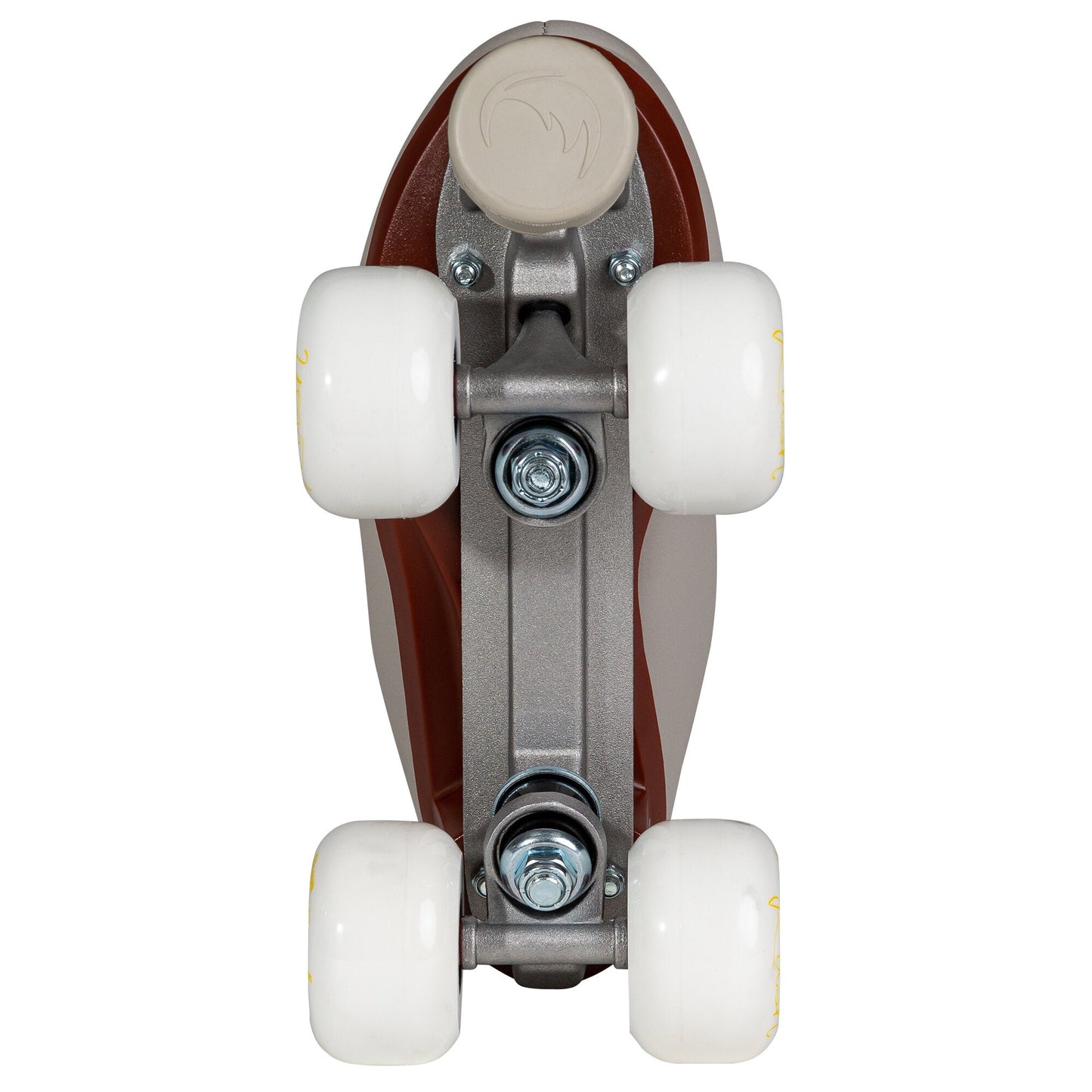 Underneath view of a Chaya Melrose Deluxe Latte skate, detailing the plate, trucks, and toe stop.