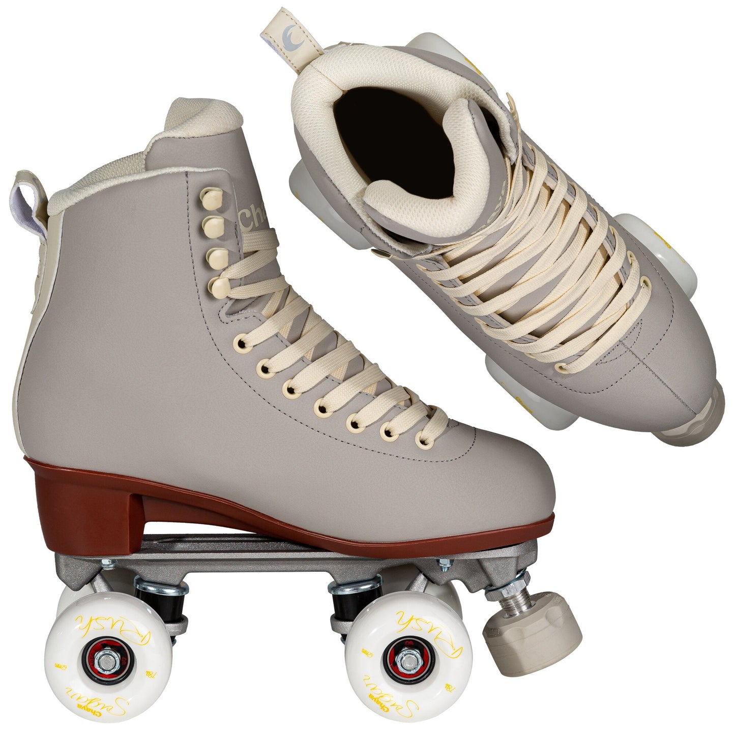 Two Chaya Melrose Deluxe Latte skates, presented at different angles to highlight their comprehensive design.