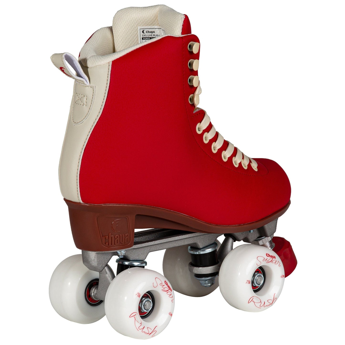 Rear view of Chaya Melrose Deluxe Ruby skates, displaying the boot's classic lines and the allure of its ruby tone.