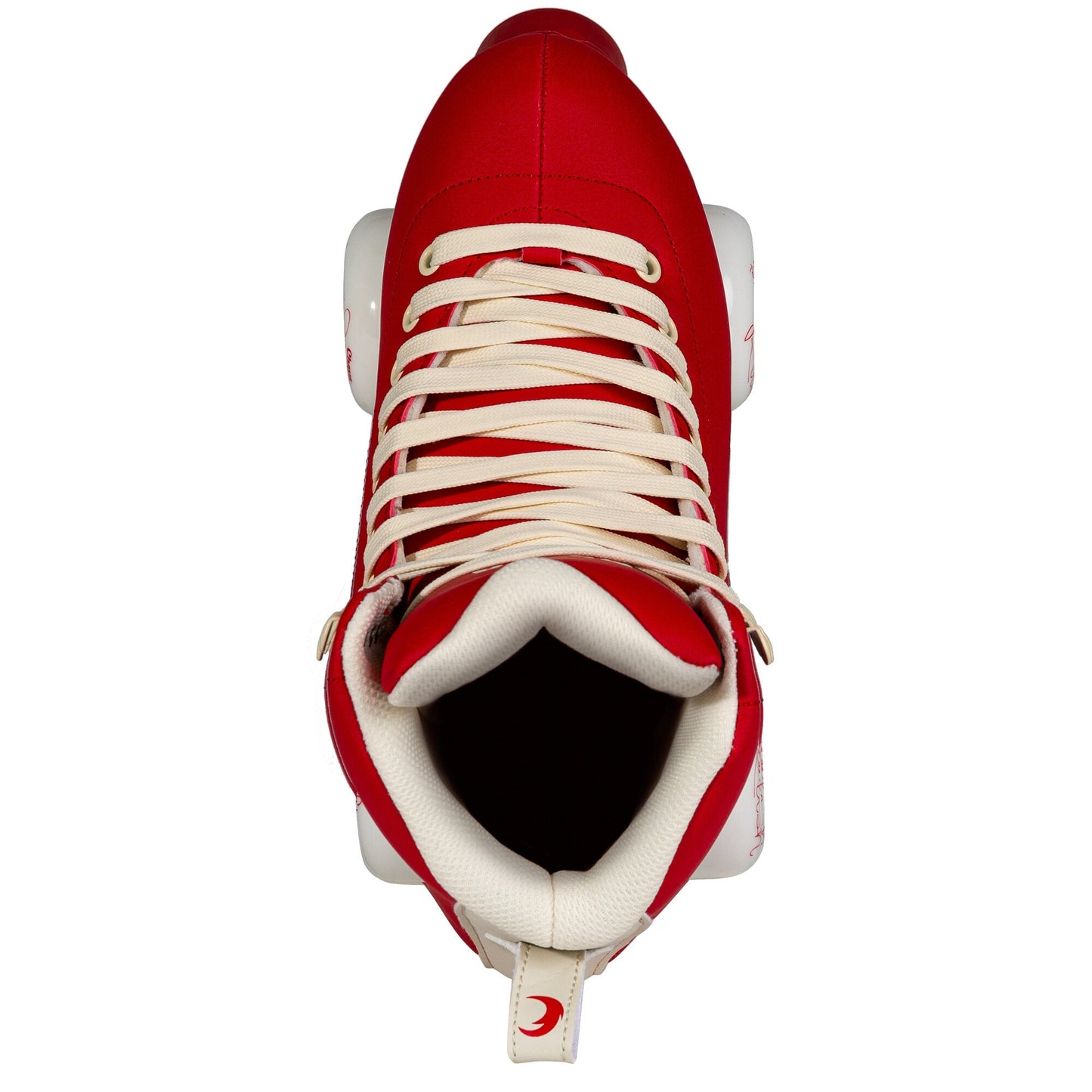Overhead perspective of a Chaya Melrose Deluxe Ruby quad skate, capturing the lacing and the boot's rich red upper surface from above.