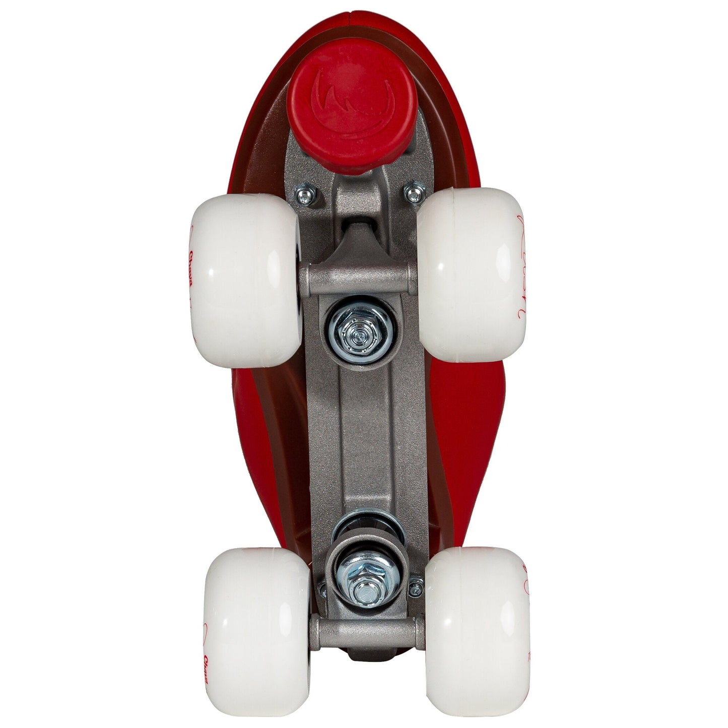 Underneath view of a Chaya Melrose Deluxe Ruby skate, detailing the plate, trucks, and matching toe stop.