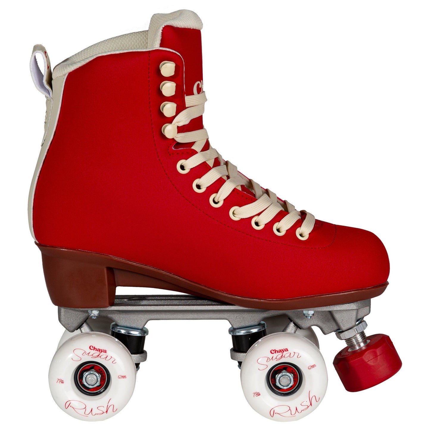 Side profile of a Chaya Melrose Deluxe Ruby quad skate, revealing its sleek silhouette and perfectly matched wheels.