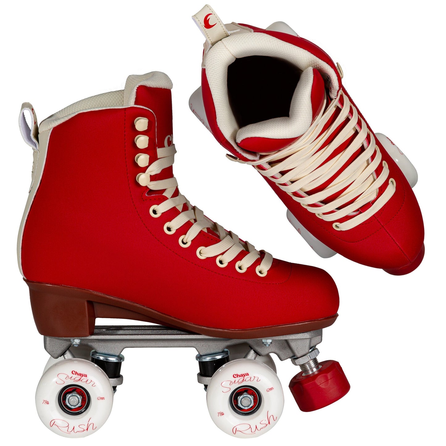 Pair of Chaya Melrose Deluxe Ruby skates, highlighting their opulent color and premium finish.