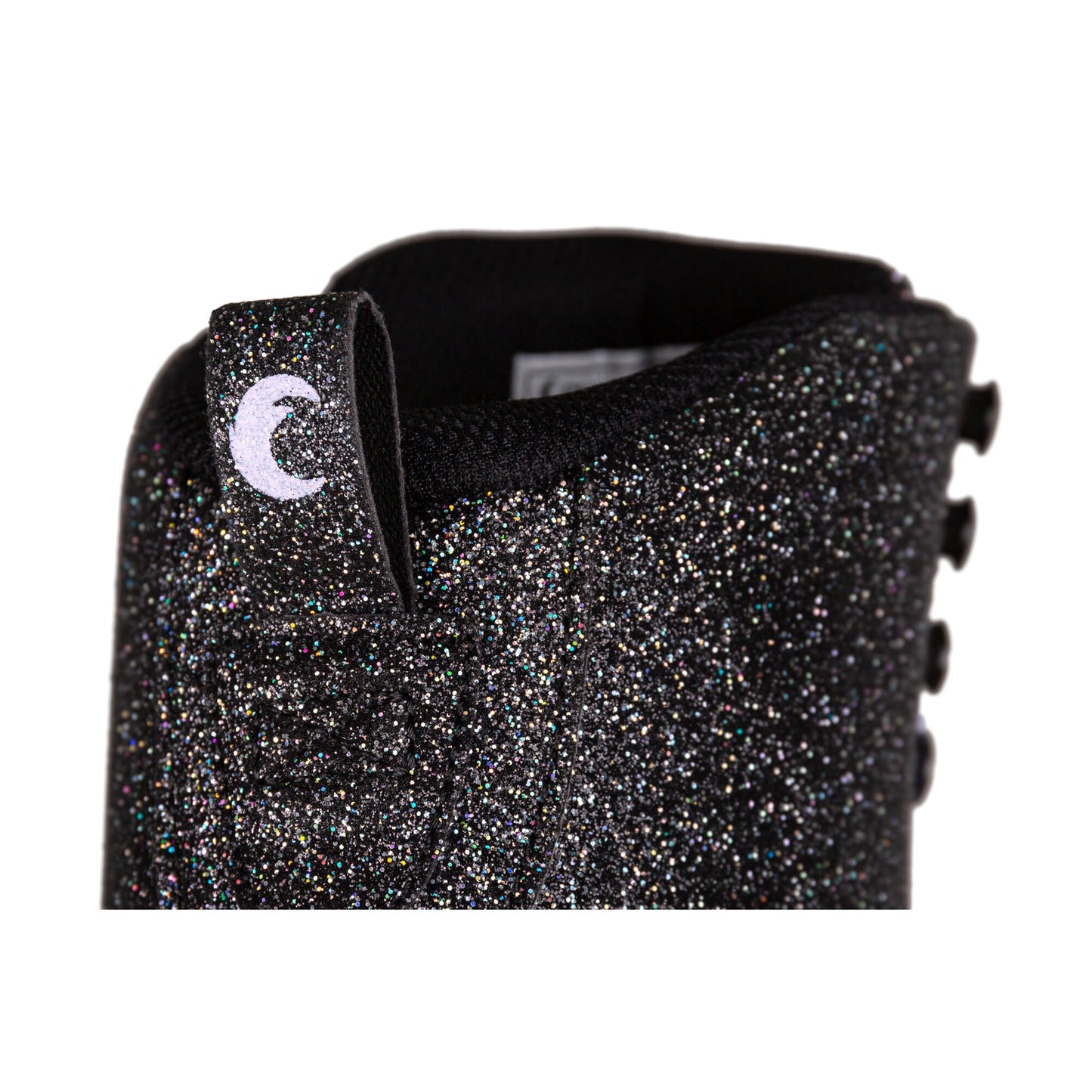 Close-up of the ankle collar on the Chaya Melrose Deluxe Starry Night skate, showing the padding and the top edge where the foot enters, reflecting the dark, starry design.