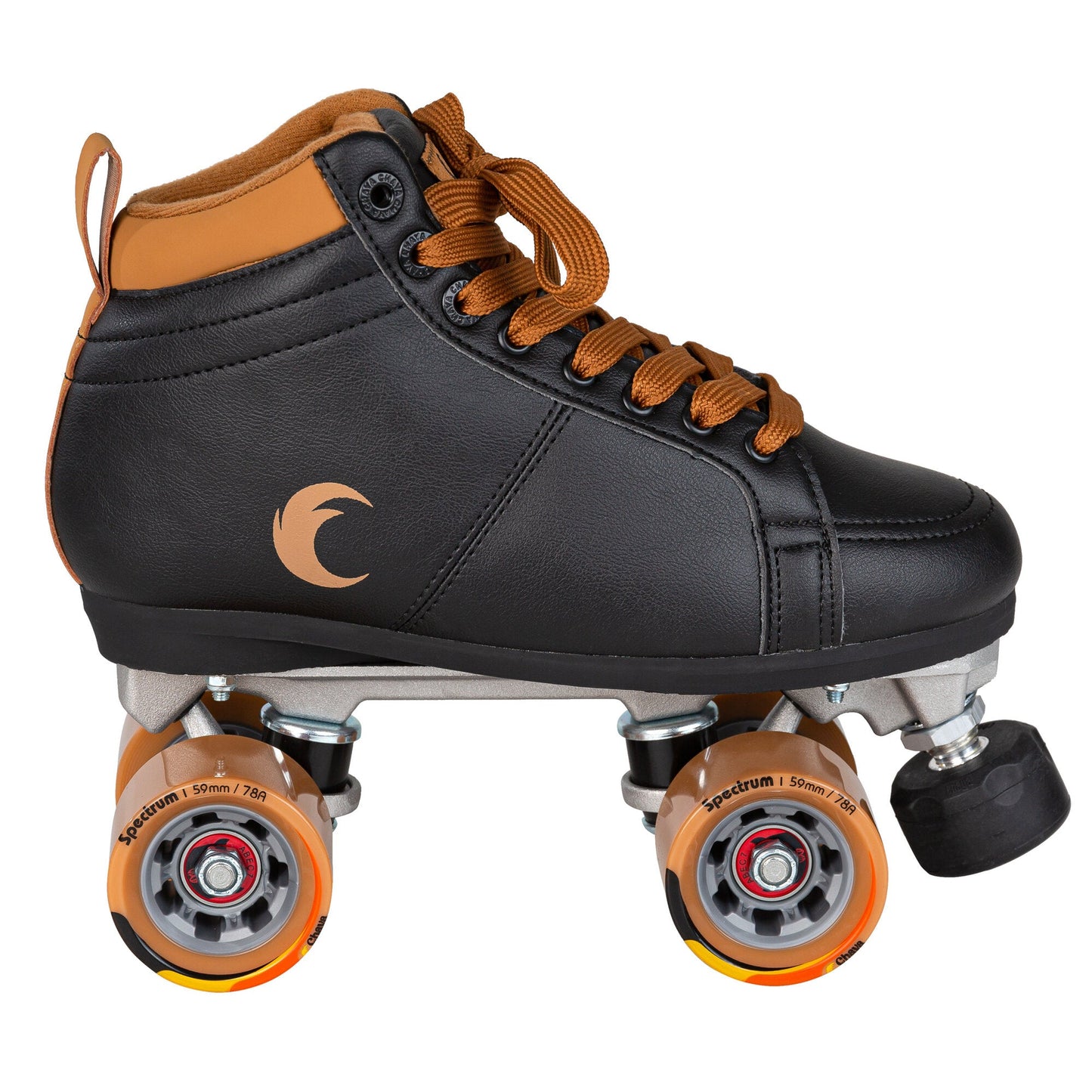 The graceful side silhouette of a Chaya Mocha quad skate, revealing its fluid lines and perfectly matched components.