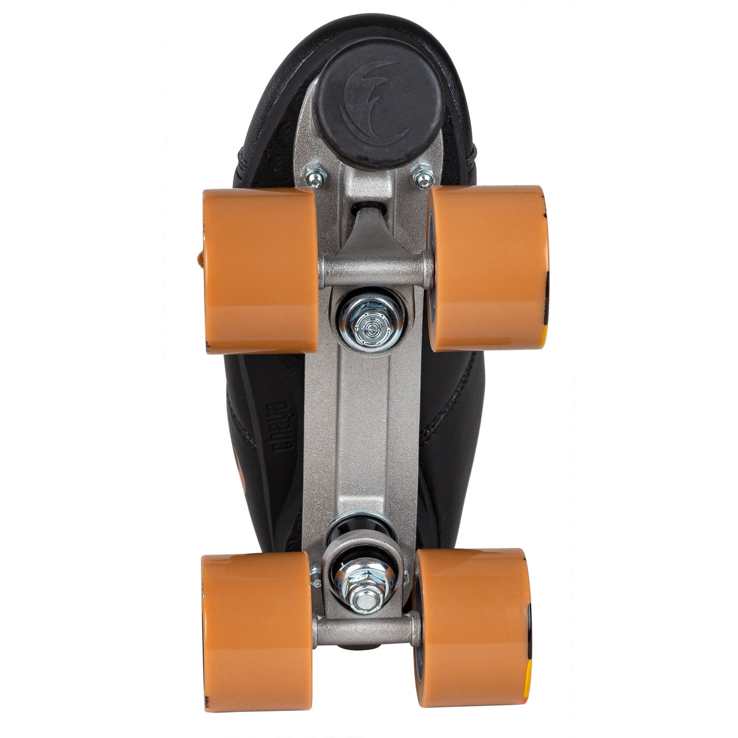 the underside of a Chaya Mocha skate uncovers its robust baseplate, resilient trucks, and black toe stop.