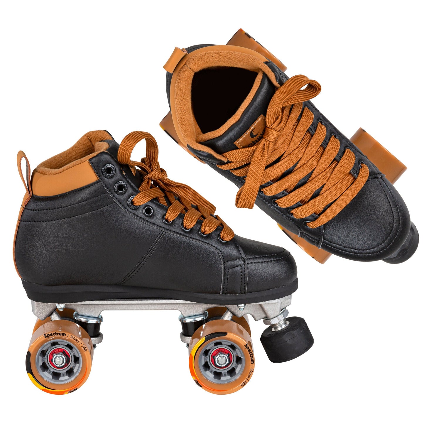 Two Chaya Mocha skates, thoughtfully composed to underscore their cohesive design and appealing, deep aesthetic.