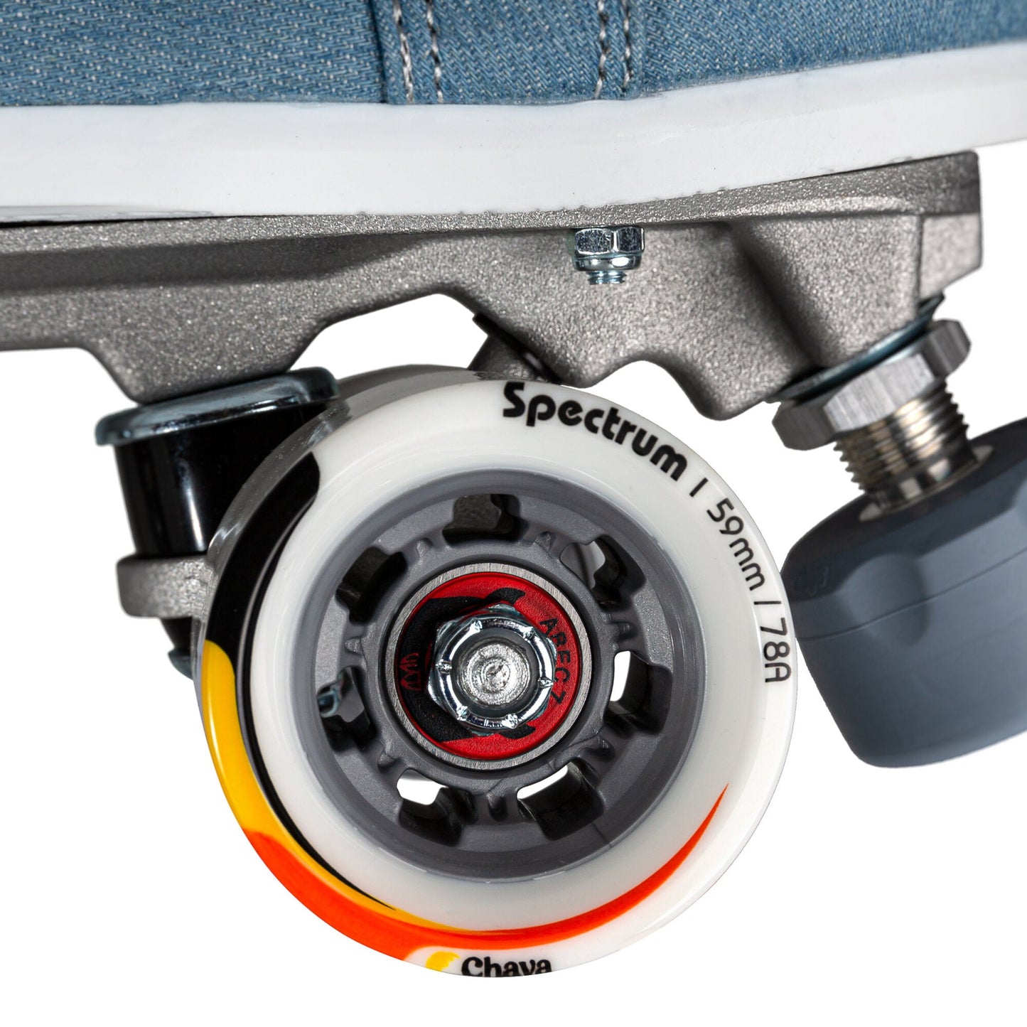 Close-up of a wheel on a Chaya Denim roller skate, highlighting its material and design.