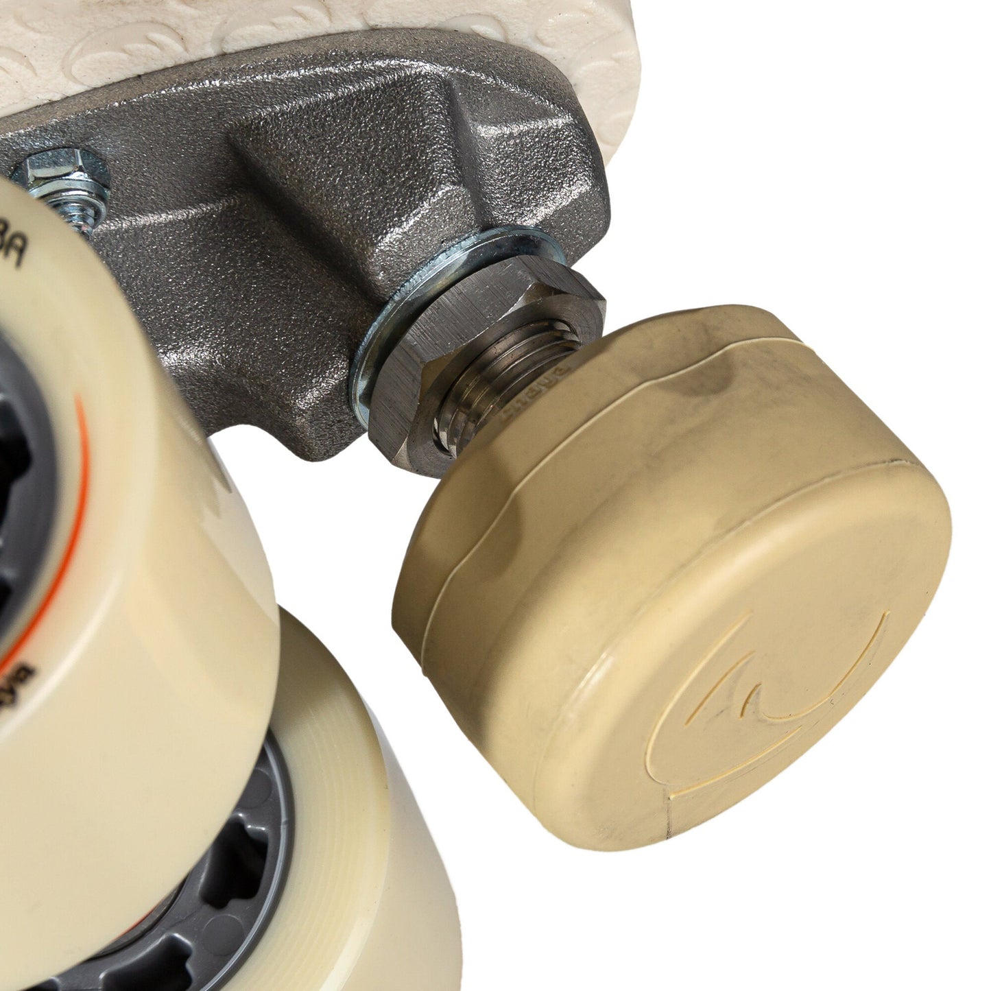 Close-up of the toe stop on a Chaya Cappuccino roller skate, showing its material, color, and attachment to the plate.