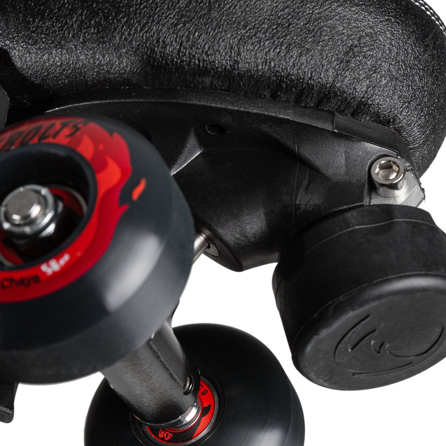 Close-up of Chaya Karma Pro Black toe stop on aggressive quad skates