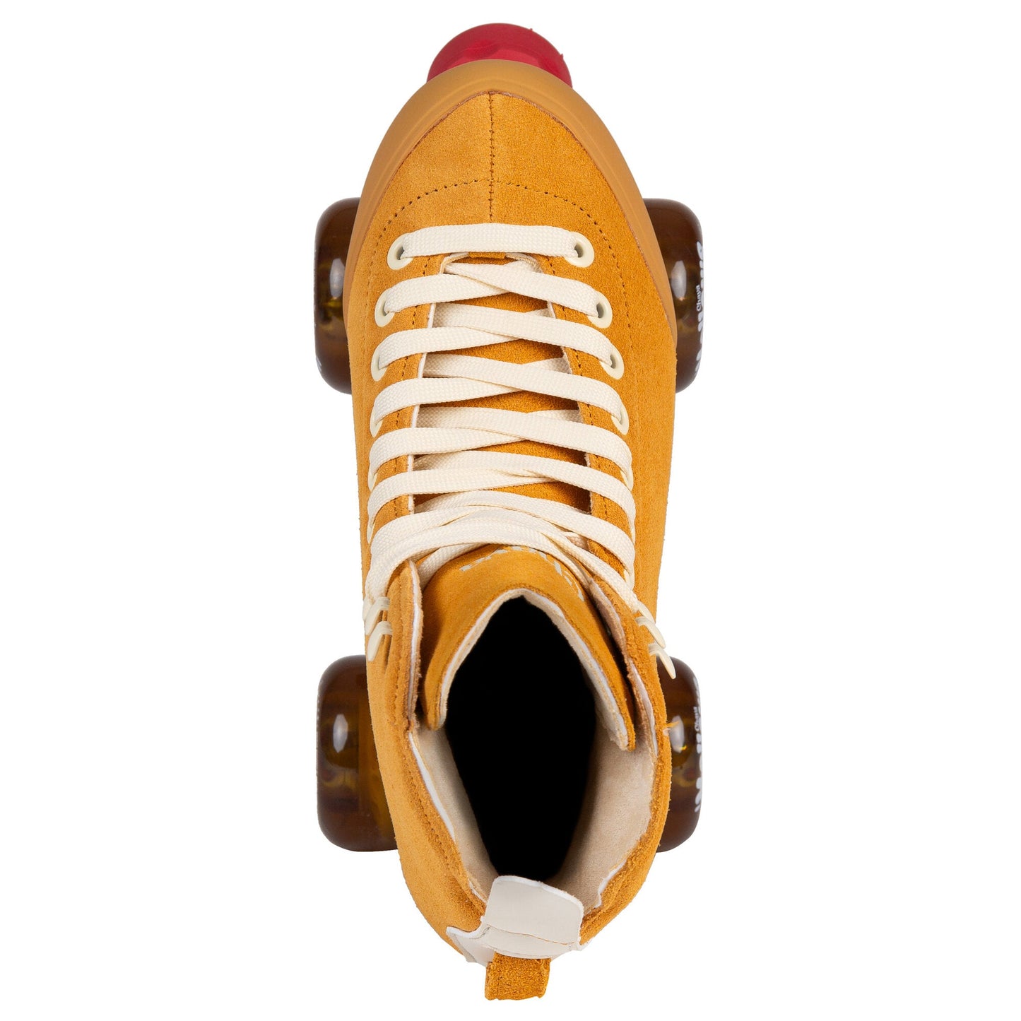 A top-down perspective of a Chaya Melrose Premium Maple Syrup skate, the view emphasizing its clean lacing and the boot's surface.