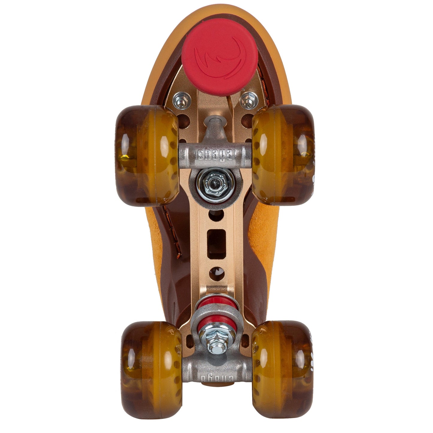 The underside of a Chaya Melrose Premium Maple Syrup skate, detailing the robust plate, durable trucks, and its red toe stop.