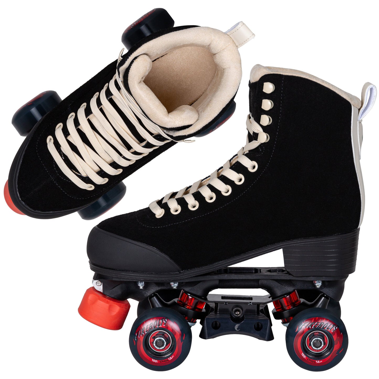 A pair of Chaya Park Dark Soul roller skates in black, arranged at varying angles to showcase the high-heel boot, plate, and wheels from multiple perspectives.