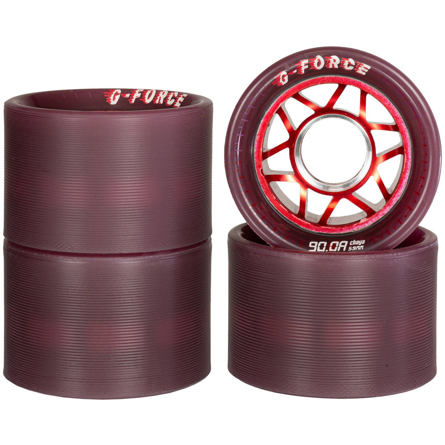 Set of four Chaya G-Force Alloy Grippy wheels, highlighting their durable alloy core and high-traction surface.