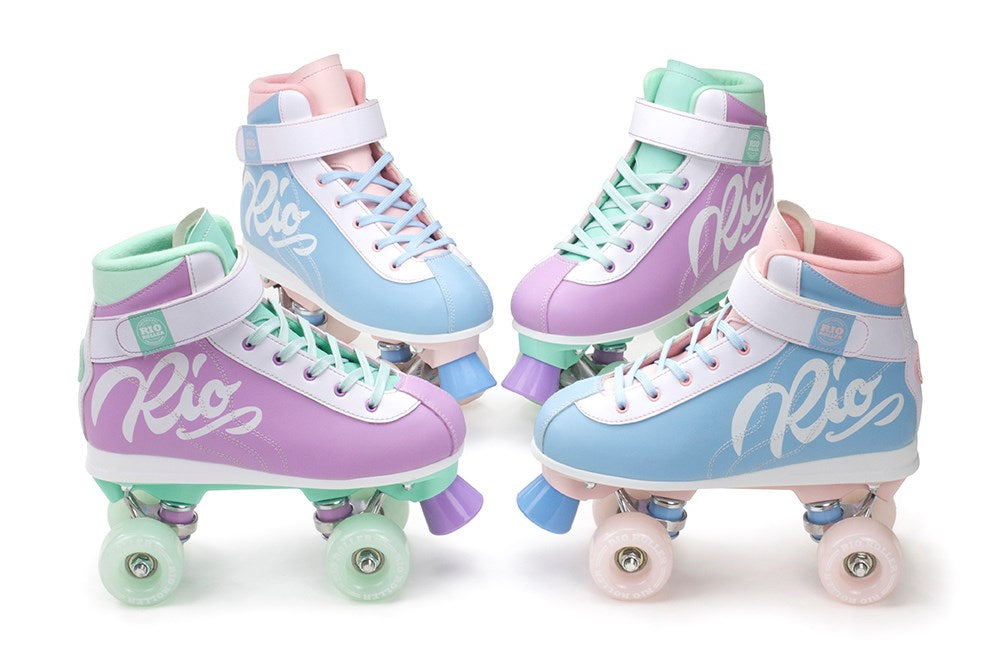 Rio Roller Milkshake Cotton Candy and Mint Berry quad skates side-by-side, showcasing vibrant pastel colors