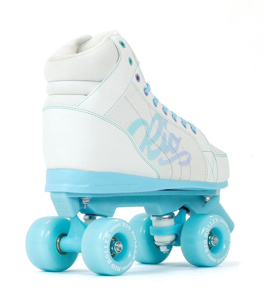 Rio Roller Lumina White/Blue Skates (Rear-Angled View): Crisp Aesthetics & Supportive Heel for Confident Cruising