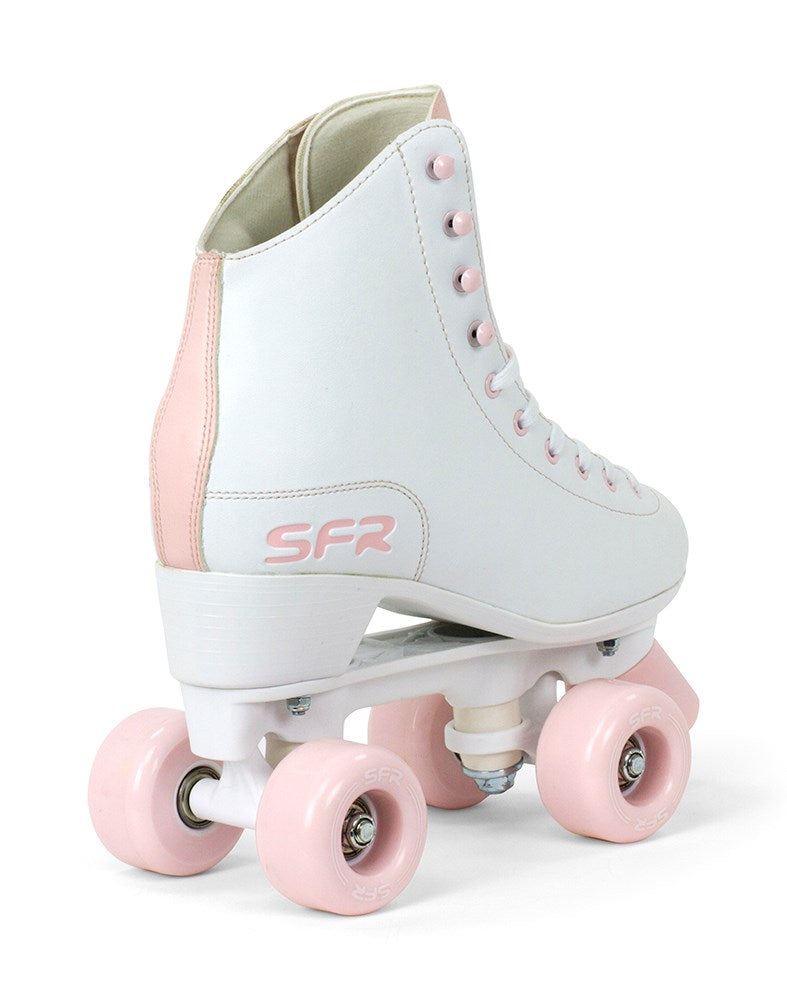 Rear Angle of SFR Figure White Pink Skates - Showing refined details and sturdy construction, ideal for cruising.