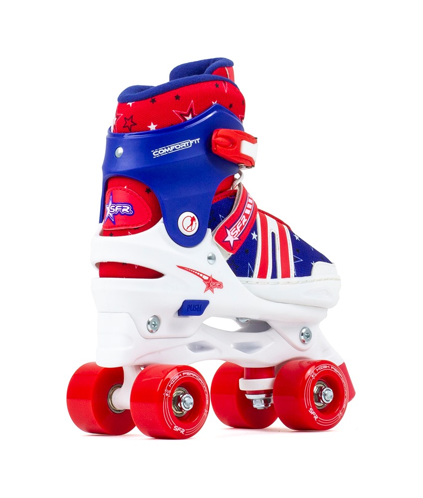Angled rear view of SFR Spectra roller skates, showcasing the heel, wheel setup, and overall boot structure.