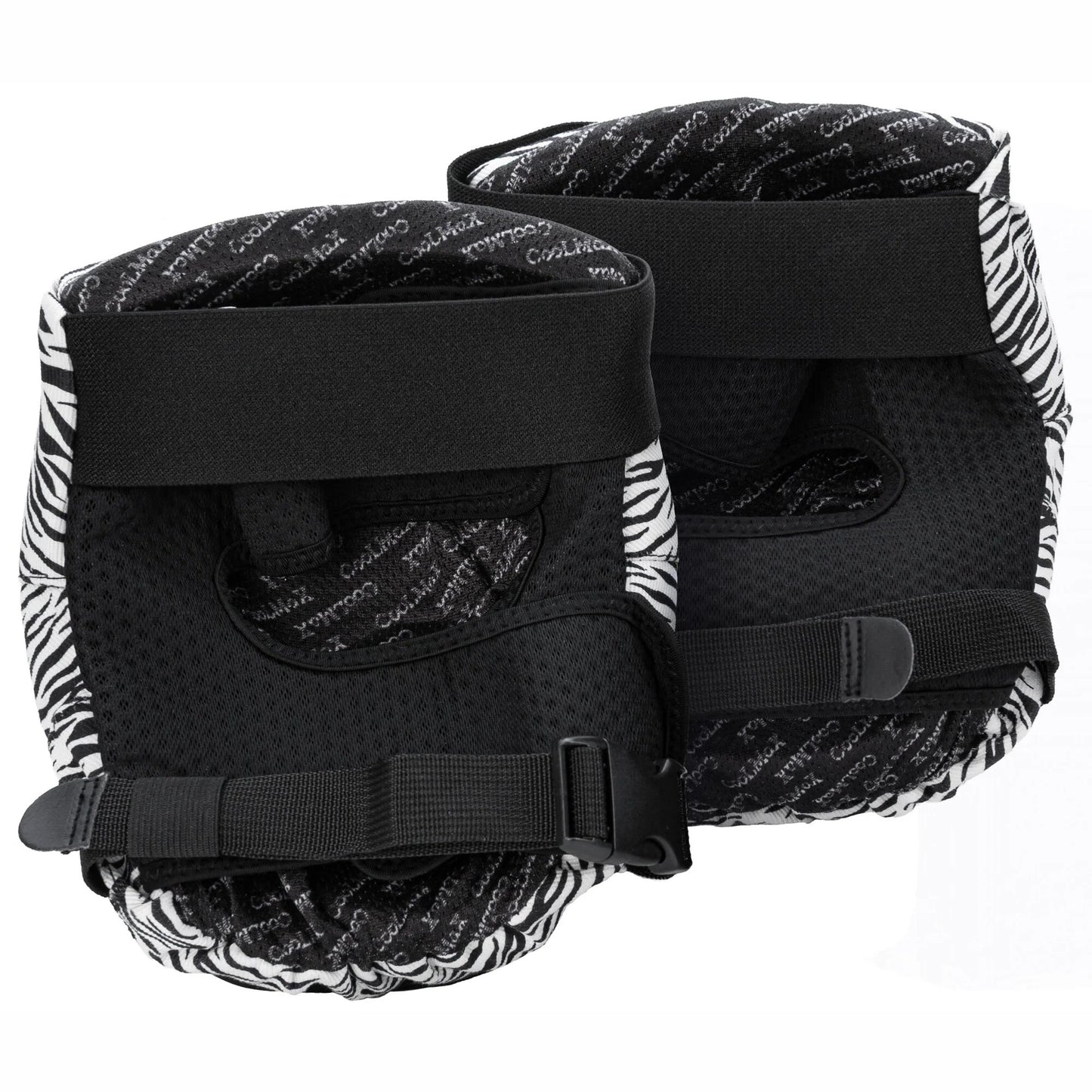 Back view of the ENNUI Aly Knee Pad Zebra pair, highlighting breathable padding and adjustable straps for a secure, comfortable fit. Essential knee safety gear for high-impact action sports and urban riding.