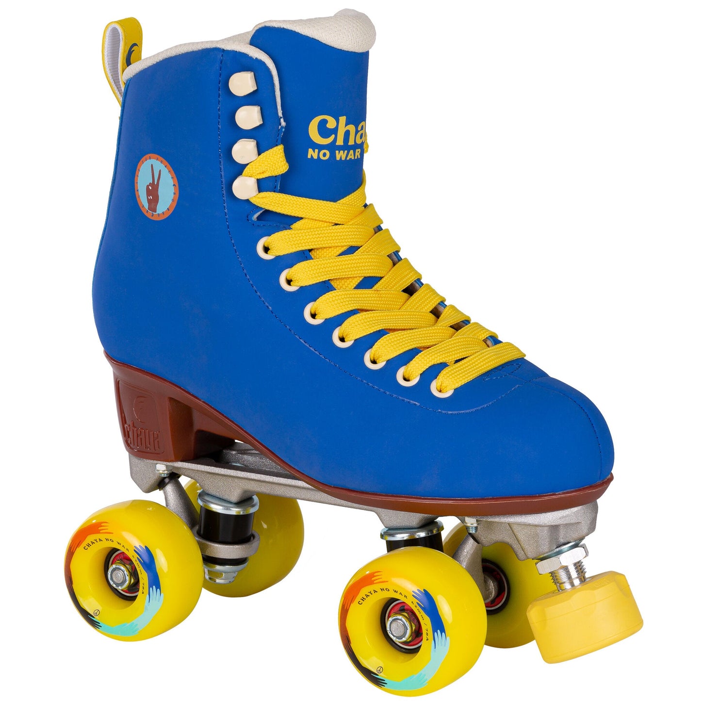Single Chaya Deluxe NO WAR quad roller skate, showcasing its distinctive design and powerful message.