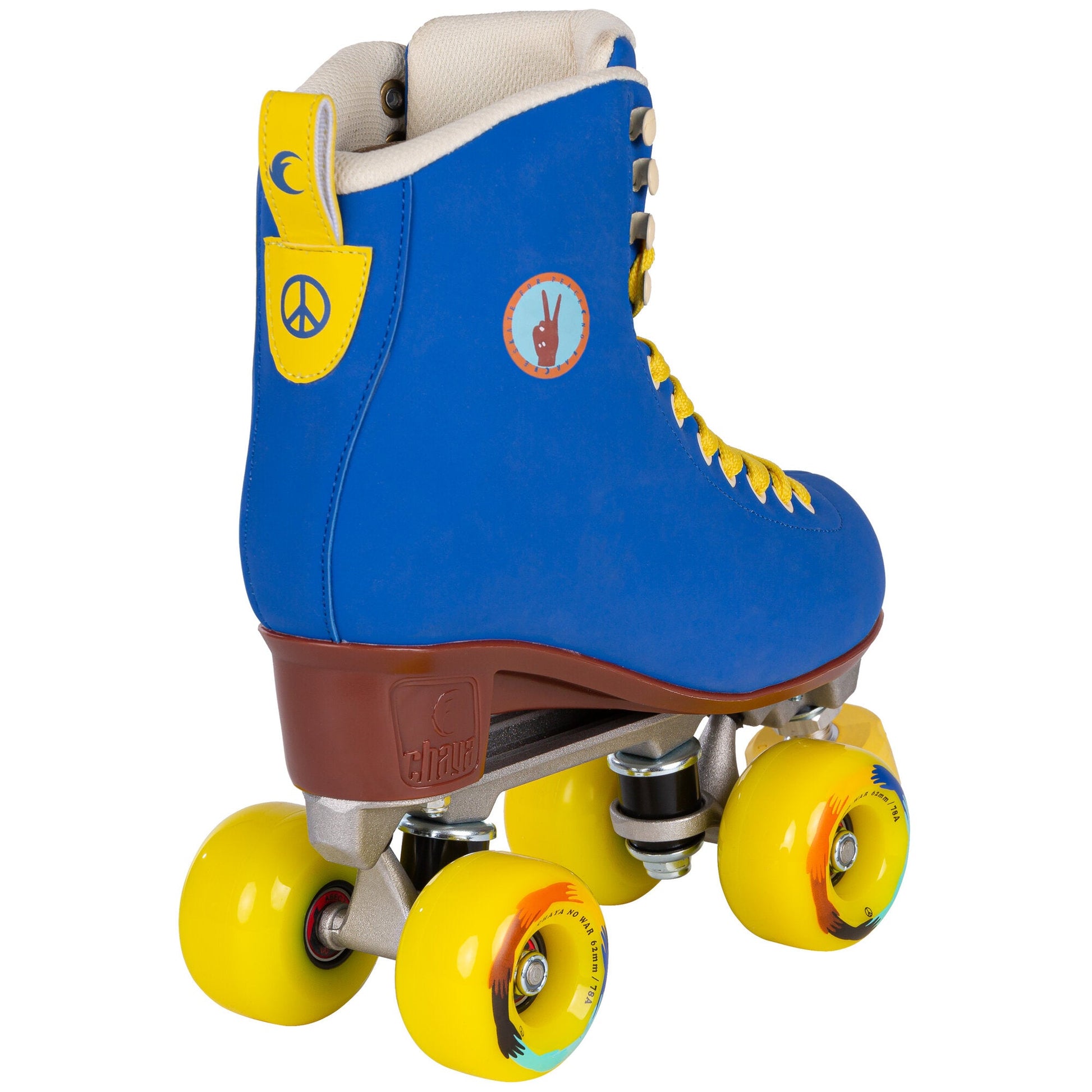Back view of Chaya Deluxe NO WAR roller skates, showing the rear of the boot and any peace-related imagery.
