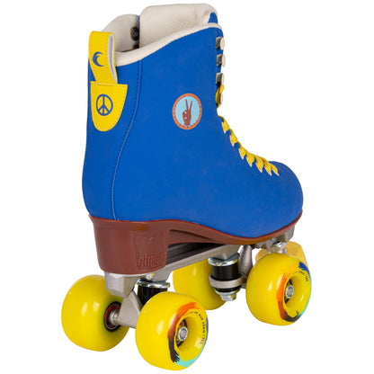 Back view of Chaya Deluxe NO WAR roller skates, showing the rear of the boot and any peace-related imagery.