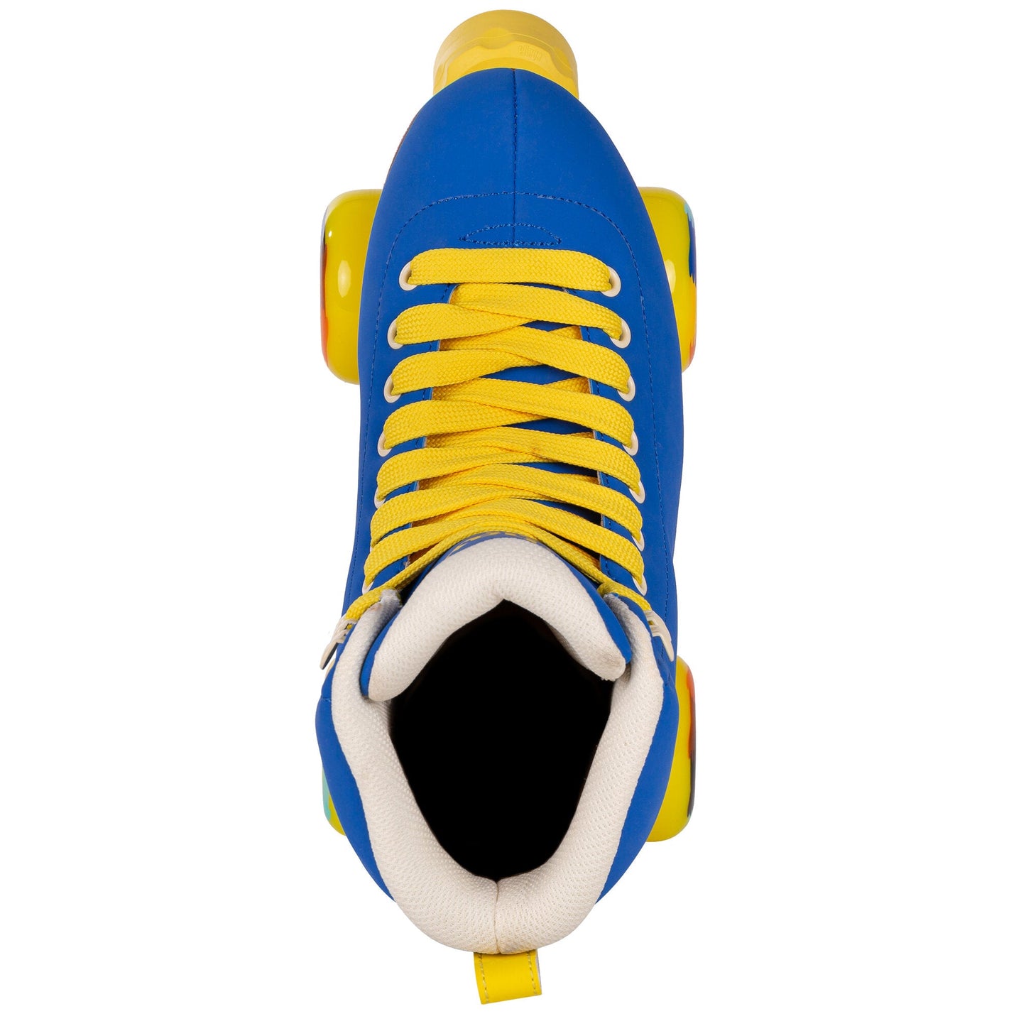 Top-down view of a Chaya Deluxe NO WAR quad skate, showcasing the lacing and the boot's unique top surface.