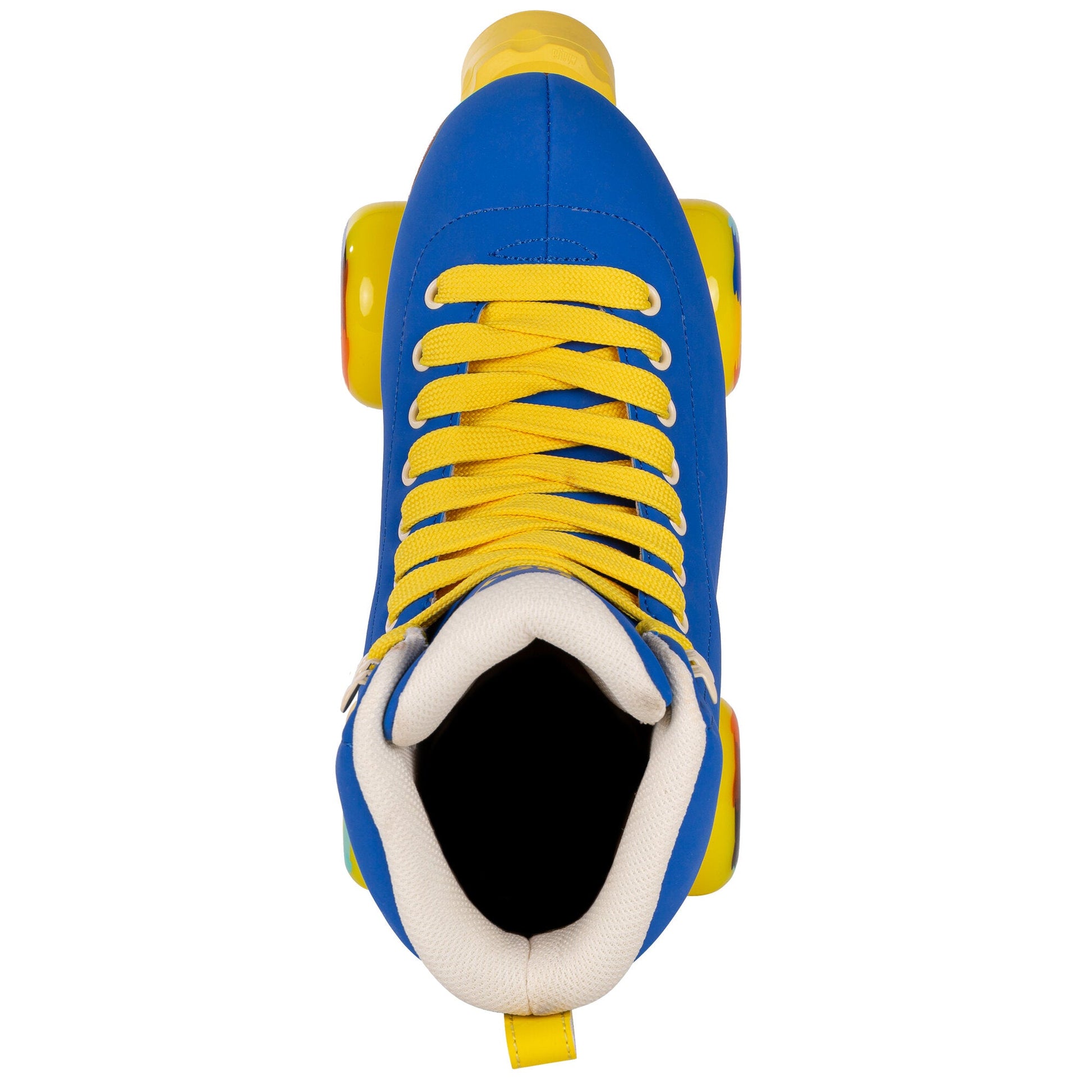 Top-down view of a Chaya Deluxe NO WAR quad skate, showcasing the lacing and the boot's unique top surface.