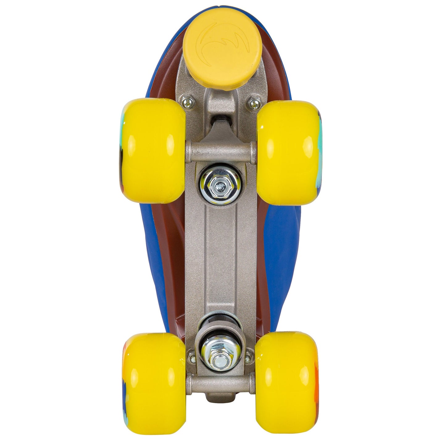 Underside view of a Chaya Deluxe NO WAR skate, detailing the plate, trucks, and toe stop.