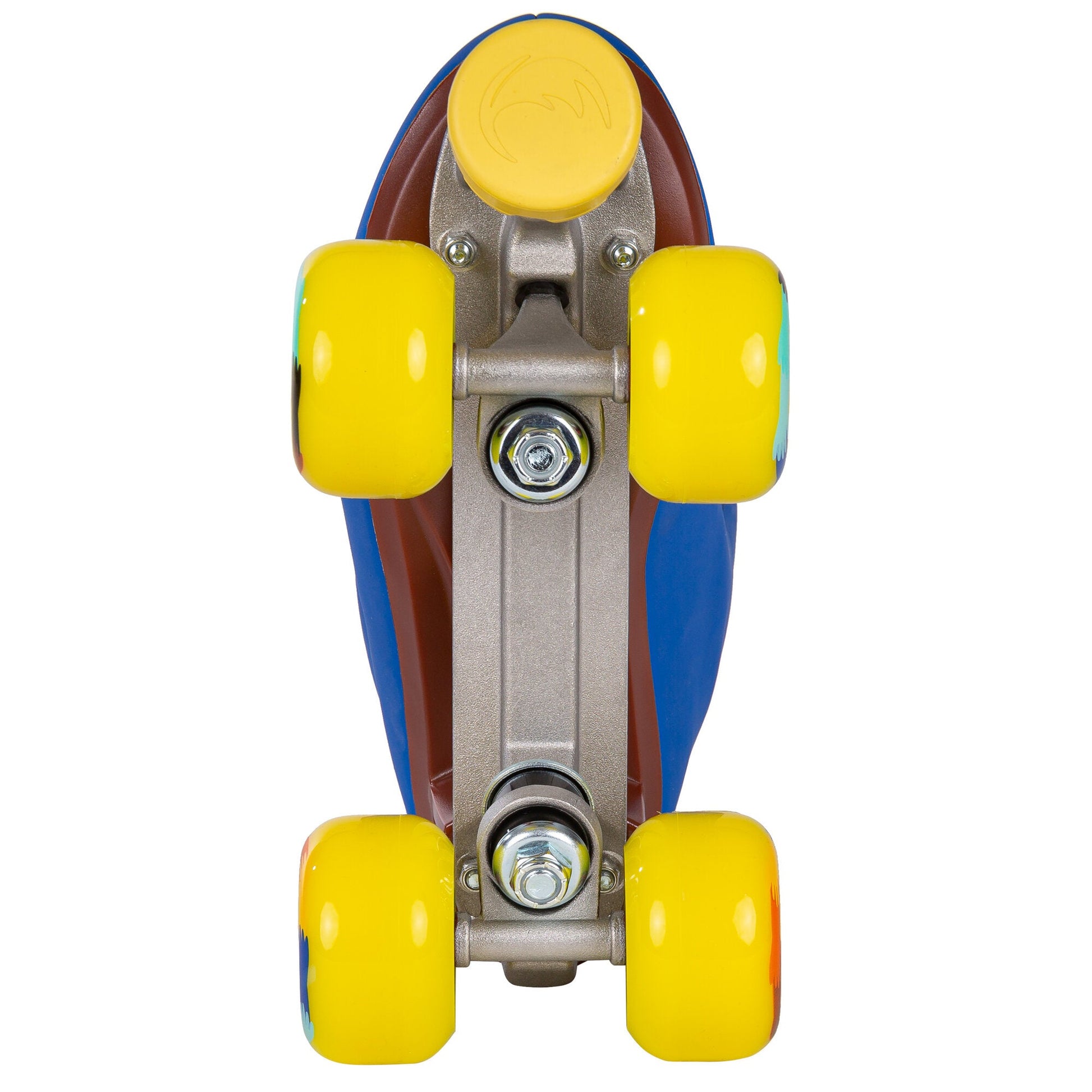 Underside view of a Chaya Deluxe NO WAR skate, detailing the plate, trucks, and toe stop.