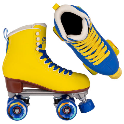 Two Chaya Deluxe NO WAR skates, one from a side perspective and one from a top-down view.