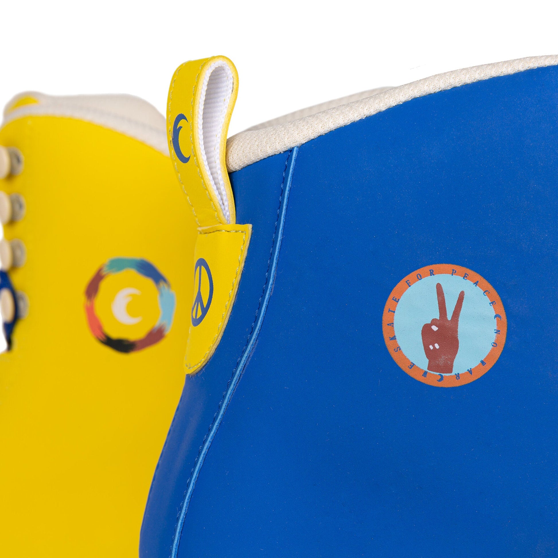 The "NO WAR" graphic prominently displayed on the Chaya Deluxe skate boot.