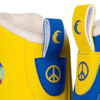 Detailed view of peace-themed artwork and symbols integrated into the design of the Chaya Deluxe NO WAR roller skate.