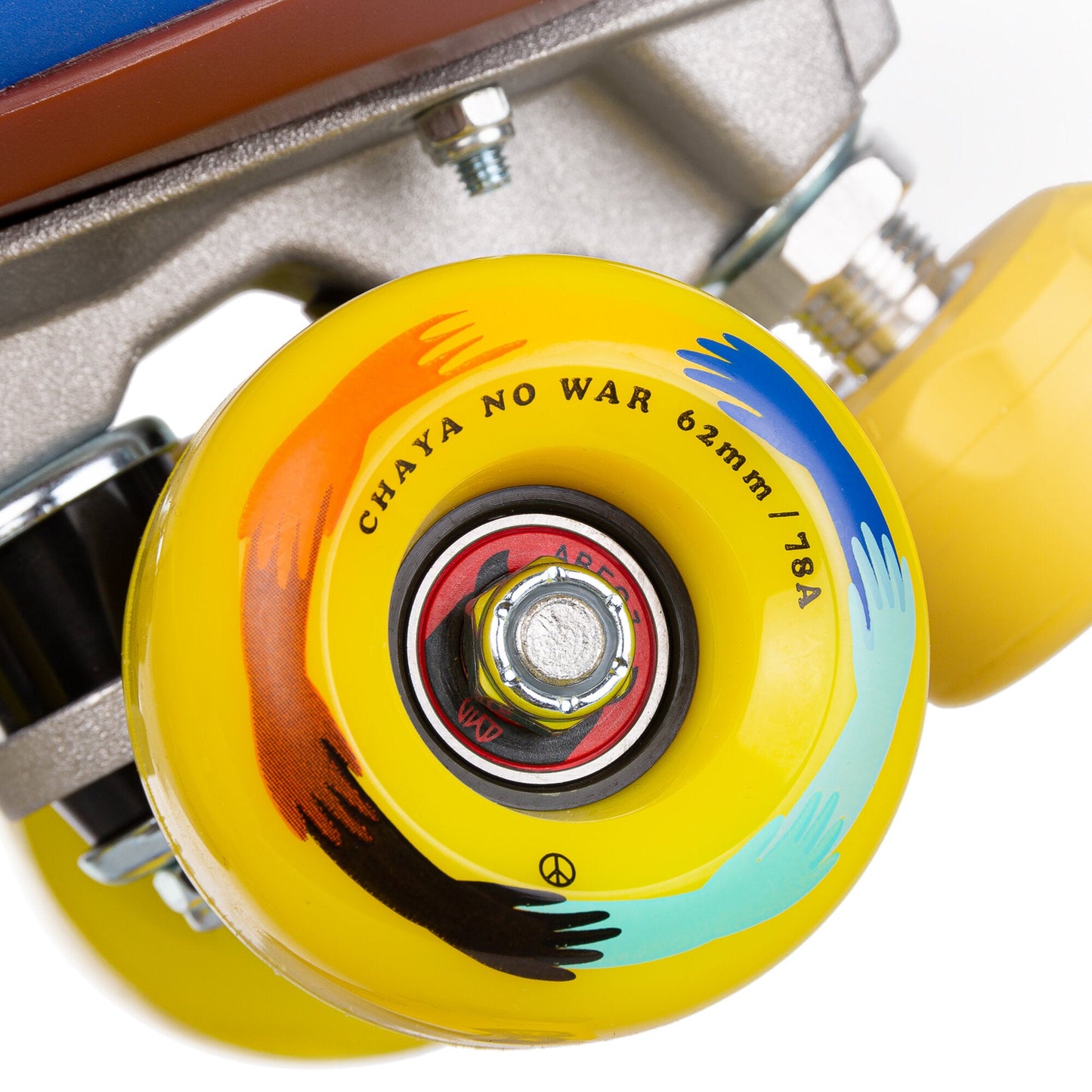 Close-up of a wheel on a Chaya Deluxe NO WAR roller skate, highlighting its design, color, and any unique markings.