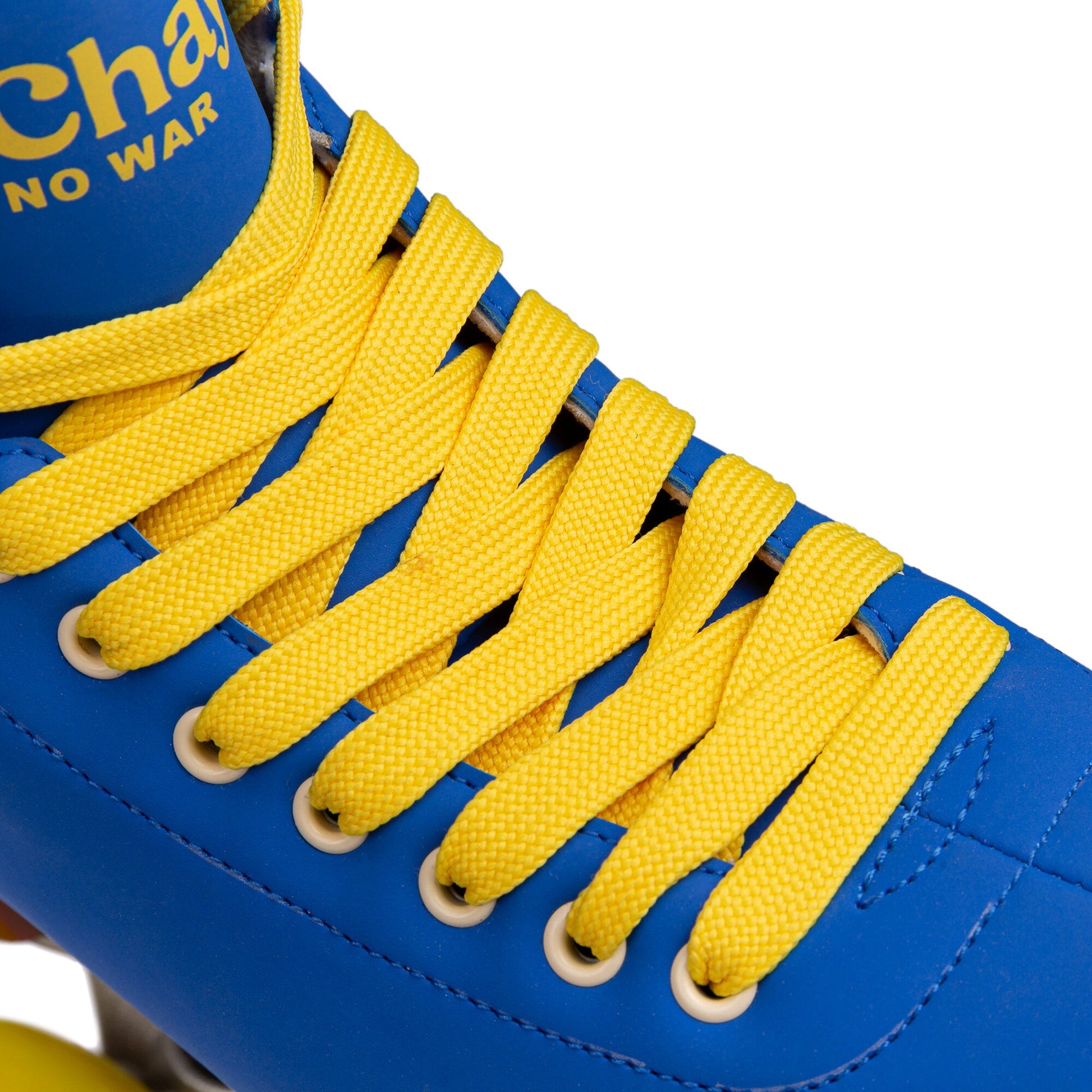 Close-up of the laces on a Chaya Deluxe NO WAR roller skate, showing the lacing pattern and eyelets.